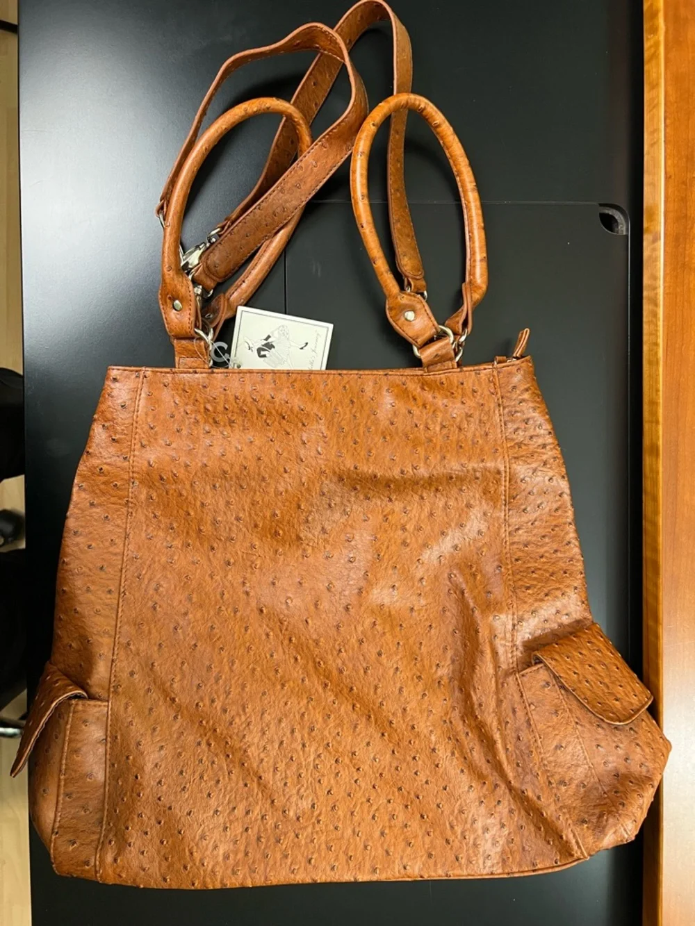Isabella's Journey caramel brown tote bag‎ faux ostrich embossed leather